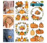 GLOBLELAND 4 Sheets Autumn Pumpkin Colorful Water Soluble Hand Sewing Stabilizer for Fabric Stitch Practice Thanksgiving Wreath Sunflowers Embroidery Stickers Wash Away Stabilizer for Beginners