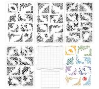 GLOBLELAND 4 Sheets Flowers Corner Clear Stamps Set Baroque Silicone Stamp Seals and 2pcs Acrylic Stamping Blocks Tools for Card Making Decoration DIY Scrapbooking