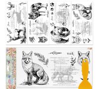 GLOBLELAND 4 Sheets Forest Animals Furniture Transfer 11.8x5.9inch Wolf Fox Bear Rub on Transfer Words Wild Plants Self-Adhesive Wall Art Decals for Bedroom Living Room Desk Table Decoration