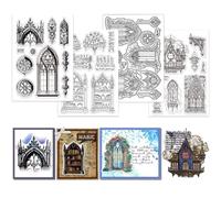 GLOBLELAND 4 Sheets Gothic Architecture Clear Stamp for Scrapbooking Window Door Silicone Stamps Church Building Transparent Stamp Set for Card Making DIY Embossing Journaling