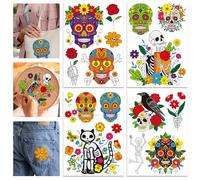 GLOBLELAND 4 Sheets Halloween Mandala Skull Colourful Water Soluble Hand Sewing Stabilizers Day of The Dead Wash Away Embroidery Stabilizer Embroidery Stitch Practice for Embroidery Beginners Lovers