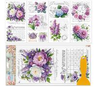 GLOBLELAND 4 Sheets Purple Vintage Flowers Text Background Furniture Transfers Stickers 6x12inch Rose Hydrangea Rub on Transfer UV Self-Adhesive Stickers Wall Art Craft for Bedroom Living Room Table
