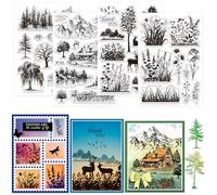 GLOBLELAND 4 Sheets Tree Landscape Clear Stamp for Scrapbooking Wildflower Weeds Silhouette Silicone Stamps Forest Animal Transparent Stamp Set for Card Making DIY Embossing Journaling