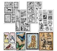 GLOBLELAND 4 Sheets Vintage Postage Clear Stamp for Scrapbooking Dog Bird Text Background Silicone Stamps Flowers BuildingTransparent Stamp Set for Card Making DIY Embossing Journaling