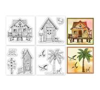 GLOBLELAND 4Pcs Beach Hut Clear Stamps for DIY Scrapbooking Log Cabin Mini Silicone Clear Stamp Seals 5.5x5.5cm Transparent Stamps for Cards Making Photo Album Journal