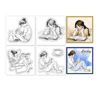 GLOBLELAND 4Pcs Mini Book Reading Lady Clear Stamps for DIY Scrapbooking Silicone Stamp Seals Lazy Afternoon Transparent Stamps for Cards Making Photo Album Journal Home Decoration 2.2x2.2inch
