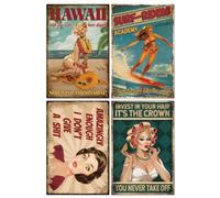 GLOBLELAND 4Pcs Pin Up Women Metal Sign Set Sea Surf Woman Tin Sign Hair Salon Summer Vacation Sign 12x8in/30x20cm Art Plaque Poster Wall Decor for Bar Club Pub Saloon
