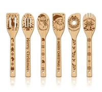 GLOBLELAND 6Pcs Christmas Santa Clause Bamboo Cooking Utensils Wooden Engraved Cooking Spoons Set Carving Kitchen Bamboo Spatula Set Wood Cooking Spoon for Kitchen House Mother Friend Women Gift