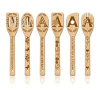 GLOBLELAND 6Pcs Floral Letter A Bamboo Cooking Utensils Wooden Engraved Cooking Spoons Set Flower Carving Kitchen Bamboo Spatula Set Wood Cooking Spoon for Kitchen House Mother Friend Women Gift
