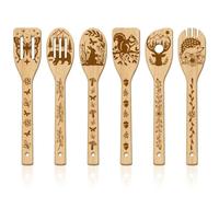 GLOBLELAND 6Pcs Forest Animals Bamboo Cooking Utensils Wooden Engraved Cooking Spoons Set Carving Kitchen Bamboo Spatula Set Wood Cooking Spoon for Kitchen Fun House Mother Friend Women Warming Gift
