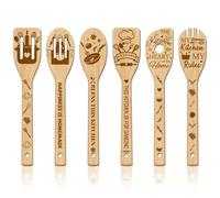 GLOBLELAND 6Pcs Kitchen Bamboo Cooking Utensils Wooden Engraved Cooking Spoons Set Carving Kitchen Bamboo Spatula Set Wood Cooking Spoon for House Mother Friend Women Warming Gift