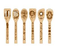 GLOBLELAND 6Pcs Magic Divination Bamboo Cooking Utensils Wooden Engraved Cooking Spoons Set Carving Kitchen Bamboo Spatula Set Wood Cooking Spoon for Kitchen Fun House Mother Friend Women Gift