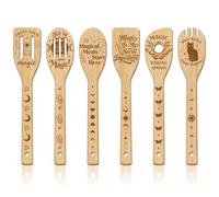 GLOBLELAND 6Pcs Magic Wizard Words Wooden Spoons Utensil Set Magical Black Cat Bamboo Carving Kitchen Cooking Utensils Wooden Engraved Cooking Spatula Sets for Kitchen Fun House Warming Gift