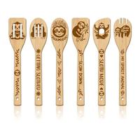 GLOBLELAND 6Pcs Sloth Bamboo Cooking Utensils Wooden Engraved Cooking Spoons Set Carving Kitchen Bamboo Spatula Set Wood Cooking Spoon for Kitchen Fun House Mother Friend Women Warming Gift