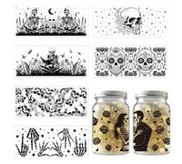 GLOBLELAND 8 Sheets 8.3x3.6inch Skull Skeleton Silhouette Jar Cutouts Flowers Grass Plastic Silhouette Wall Decals (Not Stickers) Lantern Jar Cutouts Window Lamp Decals Glass Art Mural Home Decor