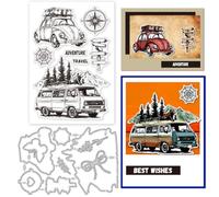 GLOBLELAND Adventure Travel Clear Stamps and Cutting Dies Car Compass Silicone Clear Stamps Cards and Metal Die Cuts for Card Making and DIY Embossing Scrapbooking
