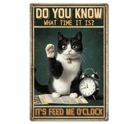 GLOBLELAND Alarm Clock Cat Metal Tin Sign 8x12in "It's Feed Me O'clock" Vintage Painting Tin Signs Wall Poster Plaque for Kitchen Dining Room Cat Lover's Room Coffee Shop Living Room