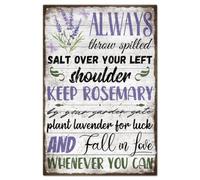 GLOBLELAND "Always Throw Spilled Salt" Tin Sign Lavender Words Metal Tin Sign Vintage Metal Tin Sign 12×8inch Funny Wall Decor Tin Signs for Home Farm Bar Coffee Shop Club Kitchen Decoration