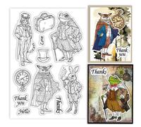 GLOBLELAND Animal Gentleman Clear Stamps Retro Frog Owl Cat Rabbit Silicone Clear Stamp Seals Pocket Watch Transparent Stamps for DIY Scrapbooking Cards Making Photo Album Journal