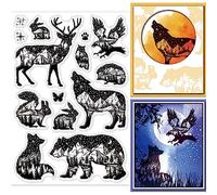 GLOBLELAND Animal Theme Silhouette Clear Stamps Brown Bears Rabbits Owls Hedgehogs Sika Deer Butterflies and Squirrels Silicone Clear Stamp Seals for DIY Scrapbooking Journals