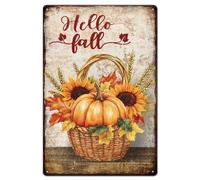GLOBLELAND Autumn Pumpkin Basket Metal Tin Sign "Hello fall" Vintage Painting Tin Signs 12x8inch Retro Wall Art Plaque Poster for Home Office Farm Thanksgiving Day Halloween Decoration