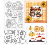 GLOBLELAND Autumn Thanksgiving Animals Squirrel Clear Silicone Stamp Metal Hedgehog Rabbit Cutting Die Cuts Fall Owl Fox Paint Craft Stencils for Card Making Scrapbooking Craft DIY Embossing
