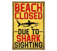 GLOBLELAND "Beach Closed" Metal Tin Sign 8x12in Shark Sighting Vintage Painting Tin Signs Wall Poster Plaque for Beach House Poolside Garage Porch Bar Restaurant Hotel Wall Decor