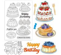 GLOBLELAND Birthday Cake Clear Stamp and Cutting Dies Set for Card Making Donuts Silicone Clear Stamp Metal Words Happy Birthday Die Cuts for DIY Scrapbooking Photo Album