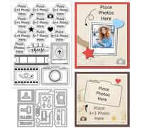 GLOBLELAND Camera Labels Clear Stamps and Cutting Dies Set for Card Making Place Photo Here Silicone Transparent Stamp Retro Label Frame Metal Die Cuts for DIY Scrapbooking Photo Album