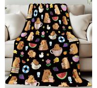 GLOBLELAND Cartoon Capybara Throw 59×51inch Watermelon and Popcorn Soft Cozy Flannel Blanket Washable Fuzzy Throw Blanket for Home Office Room Bed Sofa Chair Gift Wedding Valentine's Day Anniversary