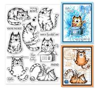 GLOBLELAND Cartoon Cats Clear Stamps 21x14.8cm/8.3x5.8inch Blessing Words Funny Animals Silicone Clear Stamp Seals for Cards Making DIY Scrapbooking Photo Journal Album Decoration