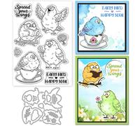 GLOBLELAND Cartoon Comic Birds Clear Stamp and Cutting Dies Set for Card Making Cute Animals Silicone Clear Stamp Metal Words Die Cuts for DIY Scrapbooking Photo Album