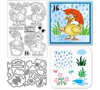 GLOBLELAND Cartoon Duck Clear Silicone Stamp Metal Cartoon Animals Cutting Die Cuts Flowers Grass Paint Craft Stencils for Card Making Scrapbooking Craft DIY Embossing