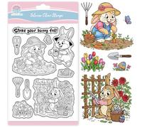 GLOBLELAND Cartoon Gardener Bunny Clear Stamp for Scrapbooking Spring Easter Silicone Stamps Cute Animals Transparent Stamp for Card Making DIY Embossing Journaling