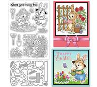 GLOBLELAND Cartoon Gardener Bunny Clear Stamps and Metal Die Cuts Spring Easter Rabbit Transparent Stamp Cute Animals Cutting Dies for Card Making Embossing Scrapbooking