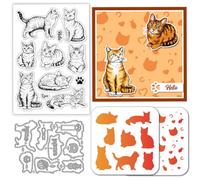 GLOBLELAND Cat Clear Stamps Cutting Dies PET Painting Stencils for Card Making Animals Cat Background Silicone Stamp Metal Cat Silhouette Die Cuts PET Paint Stencils for DIY Scrapbooking