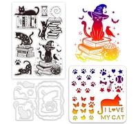 GLOBLELAND Cat Magic Book Clear Stamps and Die Sets Magic Book Stamps and Embossing Dies Set for Card Making Cat Pet Stencil Template for DIY Scrapbook Decoration Handmade Crafts Notebook