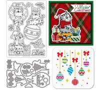 GLOBLELAND Christmas Cartoon Cat Clear Stamps Cutting Dies PET Painting Stencils for Card Making Comic Cats Christmas Wreath Silicone Stamp Metal Greetings Die Cuts PET Stencils for DIY Scrapbooking