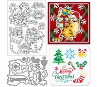 GLOBLELAND Christmas Cartoon Cat Clear Stamps Cutting Dies PET Painting Stencils for Card Making Comic Cats Gifts Box Silicone Stamp Metal Greetings Die Cuts PET Paint Stencils for DIY Scrapbooking