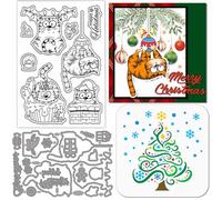 GLOBLELAND Christmas Comic Cats Clear Stamps Cutting Dies PET Paint Stencils for Card Making Cartoon Cats Christmas Ornaments Silicone Stamp Metal Greetings Die Cuts PET Stencils for DIY Scrapbooking