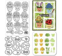 GLOBLELAND Cute Potted Plants Silicone Clear Stamp Cartoon Plant Stuff Cutting Dies Flowers PET Painting Stencils Template Set for Card Making DIY Scrapbooking Craft Embossing