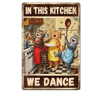 GLOBLELAND Dancing Cat Kitchen Metal Tin Sign 8x12in "We Dance" Vintage Painting Tin Signs Wall Poster Plaque for Kitchen Dining Room Living Room Café Cat Lover's Space Home Decor