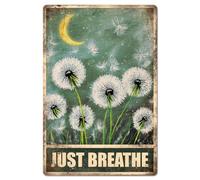 GLOBLELAND Dandelion Moon Metal Tin Sign "JUST BREATHE" Vintage Painting Tin Signs 12x8inch Retro Wall Art Plaque Poster for Home Office Bar Club Dorm Decoration