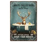 GLOBLELAND Deer Bathtub Metal Tin Sign 8x12in Vintage "WhiteTailed Deer & Bath Soap" Painting Tin Signs Wall Poster Plaque for Bathroom Cabin Decor Lodge Living Room Lodge Guest Room