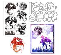 GLOBLELAND Dragon and Moon Clear Stamps and Cutting Dies Silicone Clear Stamps Cards and Metal Die Cuts for Card Making and DIY Embossing Scrapbooking