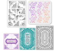 GLOBLELAND European Corner Silicone Clear Stamps Metal Pattern Border Label Cutting Die Cuts Clock Gear Background PET Paint Craft Stencils Template for Card Making and DIY Embossing Scrapbooking