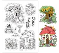 GLOBLELAND Fairytale World Clear Stamp for Card Making Tree House and Mushroom House Silicone Clear Stamp Winged Key Silicone Clear Stamp Seal for DIY Scrapbooking Journal Embossing Album Decor