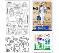 GLOBLELAND Fashion Working Woman Clear Stamps Cutting Dies PET Painting Stencils for Card Making Lady Coffee Book Silicone Stamp Metal Die Cuts PET Paint Stencils for DIY Scrapbooking