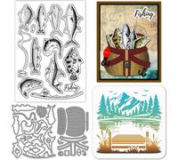 GLOBLELAND Fishing Silicone Clear Stamp for Card Making Bass Fish Fishing Net Metal Cutting Dies Lakeside Scenery PET Painting Stencils Template Set for Daily Scrapbooking Craft DIY Embossing