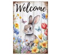 GLOBLELAND Flowers Bunny Metal Tin Sign 8x12in Vintage Rabbit Floral Tin Painting Tin Signs Easter Bunny Wall Poster Plaque for Home Garden Spring Event Kitchen Living Room Easter Celebration